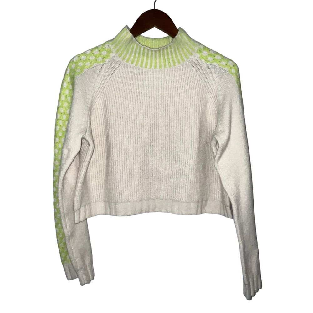 Wild Fable Lime Green & Cream Mock Neck Cropped Knit Sweater